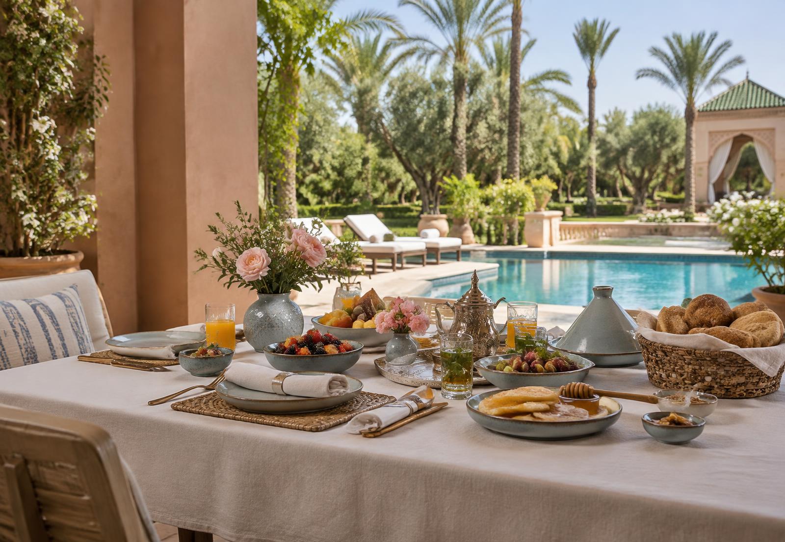 Petit-déjeuner élégant préparé sur la terrasse d'une villa