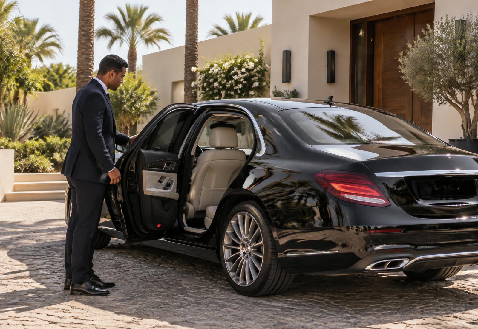 Chauffeur privé et véhicule premium devant une propriété de Marrakech